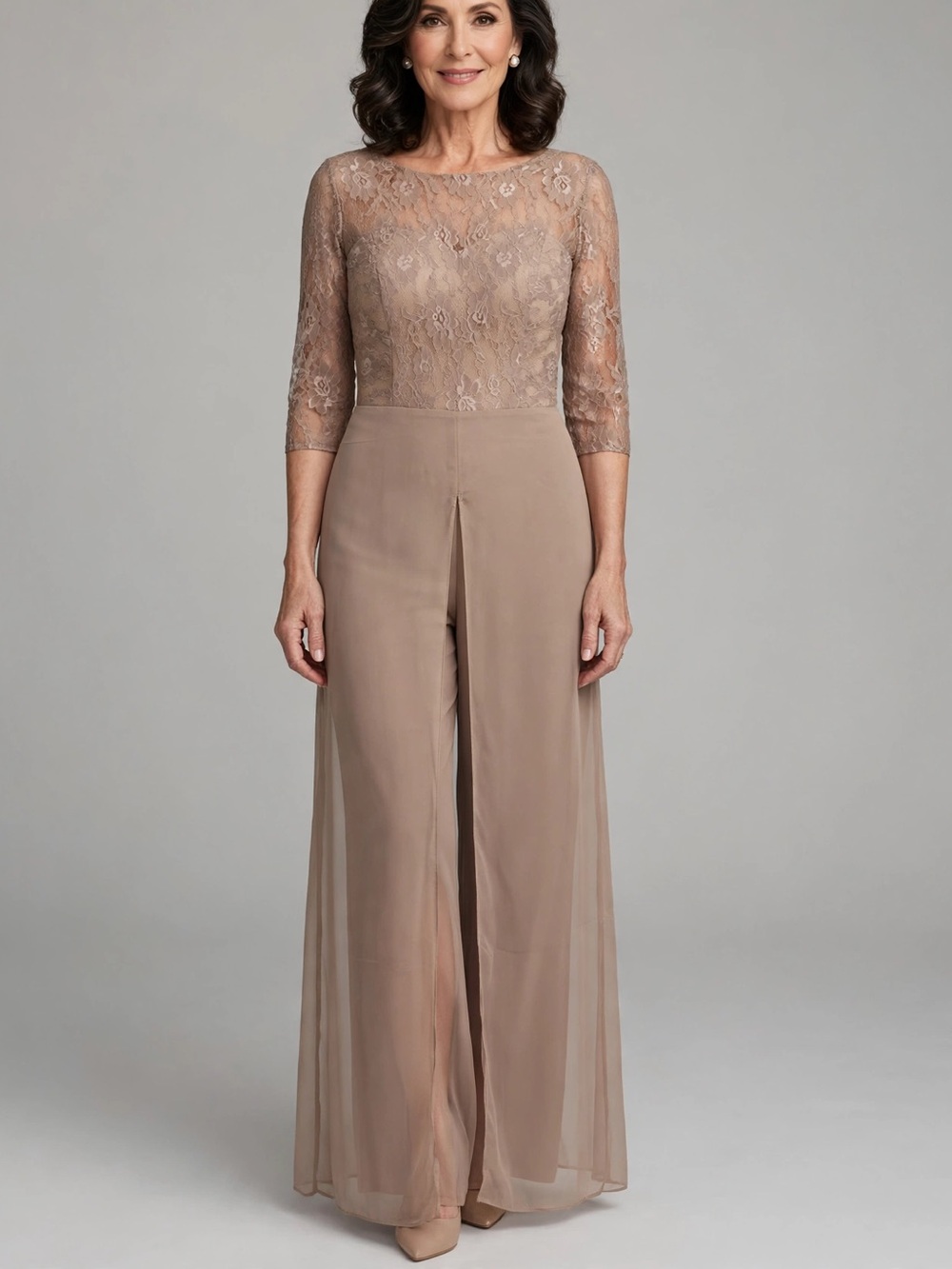 Taupe Lace Chiffon Jumpsuit Pant Suit Mother of Bride Formal Pants Under Overlay